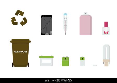 Hazardous waste sorting set vector illustration. Mercury thermometer, lamp, mobile phone, battery, spray in garbage bin. Stock Vector