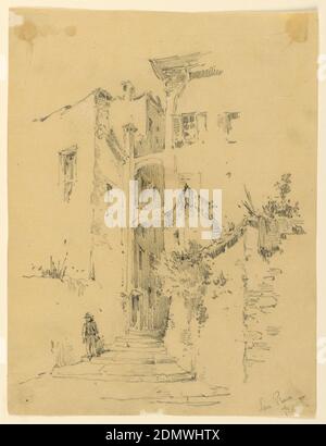 Street in San Remo, Arnold William Brunner, American, 1857–1925, Graphite and white heightening on cream paper, Narrow street of low steps, figure descending. High walls with vegetation., USA, ca. 1892, architecture, Drawing Stock Photo