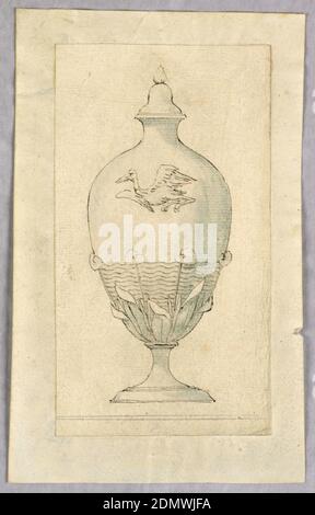 Design for a Vase, Pen and ink, brush and wash on paper, Vertical rectangle showing a covered vase in the Japanese style, with a flying crane., Italy, late 19th century, ornament, Drawing Stock Photo