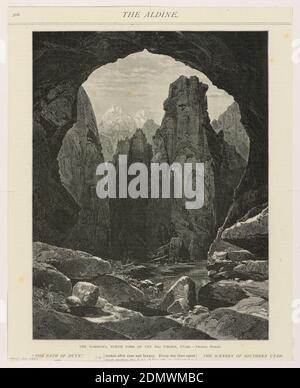 The Narrows, North Fork of the Rio Virgen, Utah, Thomas Moran, American, b. Britain, 1837–1926, F. Juengling, American ?, Wood engraving on cream wove paper, View of landscape from one side of narrow round opening in mountain. River running below and very tall cliffs in middle distance. Snowy peaks in background., England and USA, April 1875, landscapes, Print Stock Photo