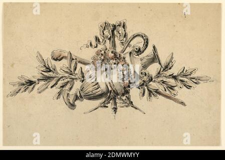 Design for a Trophy, Richard de Lalonde, French, active 1780–96, Richard de Lalonde, French, active 1780–96, Graphite, pen and black ink, brush and rose, brown watercolor, wash, on cream laid paper, Trophy consisting of a ewer encircled by a wreath of flowers, a walking staff angled at center, olive branches above and below, all bound by a ribbon tied in a bow., France, 1780, metalwork, Drawing Stock Photo