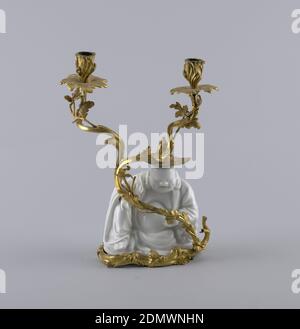 Pair of Two-Light Candelabra, Mennecy Porcelain Manufactory, French, active 1735 – 1773, soft paste porcelain; bronze, gold, Seated figure ('laughing buddha') in glazed white porcelain with a swirling, leafy, bifurcated ormolu branch terminating in two candle sockets., France, 1740–1745, ceramics, Decorative Arts, candelabra, candelabra
