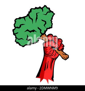 Eco socialism / eco-socialism - socialist red raised fist is holding green tree and plant - ideology, poltics and movement of left ecology. Vector ill Stock Photo