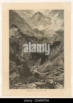 Mountain of the Holy Cross, Colorado, Thomas Moran, American, b. Britain, 1837–1926, Bogert, Wood engraving on cream wove paper, View of mountainous landscape, central mountain with delineated cross shape; trees in the middle ground and river running through to the foreground where there is a male figure with walking stick and satchel on rock formation., England and USA, 1874, landscapes, Print Stock Photo