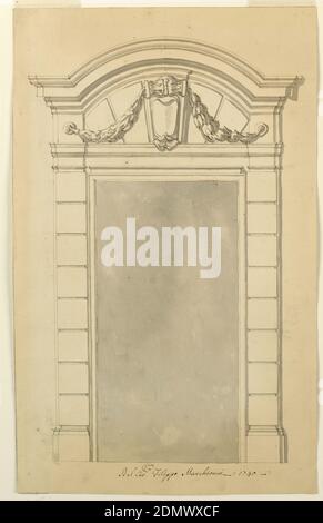 Design for a door case, Filippo Marchionni, Italian, 1732–1805, Graphite, pen and bistre ink, brush and gray watercolor on paper, Door case with a circular pediment with straight lateral parts. Inside is a console, supporting festoons together with round plates in the frieze above the capitals., Italy, ca. 1740, architecture, Drawing Stock Photo
