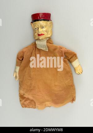 Puppet, Painted papier-mâché, woven cloth, Red pill-box hat; red cotton flannel shirt with white cuffs and white rabbas., Germany, late 19th century, theater, Decorative Arts, Puppet Stock Photo