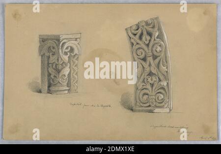 Architectural Details, Arnold William Brunner, American, 1857–1925, Graphite and white heightening on beige paper, Left, upper portion of capital with leaf motifs. Right, center portion of arch moulding. Both ornamental decorated., USA, 1879, architecture, Drawing Stock Photo