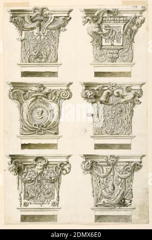 Six capitals of pillars, with alternative suggestions, Filippo Marchionni, Italian, 1732–1805, Pen and black ink, brush and brown, gray wash, traces of graphite on off-white laid paper, 1)Two dolphins, a panel with rinceaux and animal heads; 2) at left, the half figure of an eagle, at right, with head and wings of a satyr; in the center a capital over a vase-like object; 3) with a medallion containing the bust of a bearded man, framed by two half figures of eagles and fastened to their necks by a crown; 4) dragons and rinceaux; 5) with ram’s heads at the corners and in the center Stock Photo