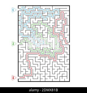 Abstract rectangular large maze. Game for kids. Puzzle for children. Three entrances, one exit. Labyrinth conundrum. Flat vector illustration isolated Stock Vector