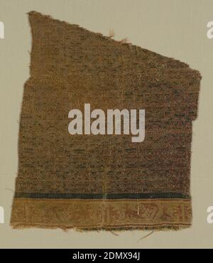 Textile, Medium: silk, metallic thread Technique: plain and twill weave, reversible, Wedge-shaped fragment of dark green with pattern in dark yellow-gold. Horizontal band at bottom in cream-color, light red and tan. Design has a small-scale pattern of eight-pointed star framing petals, alternating with rosette in a circle. Narrow green line about band. Pattern in band of small confronted lions and Kufic script., Spain, 11th–12th century, woven textiles, Textile Stock Photo