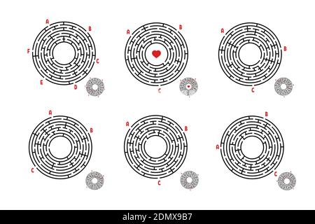 A set of round mazes. Game for kids. Puzzle for children. Labyrinth conundrum. Flat vector illustration isolated on white background. Stock Vector