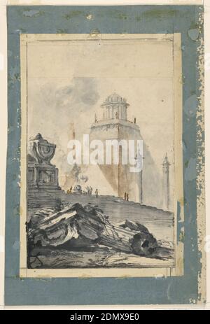 Architectural Fantasy: A Circular Temple on a Truncated Pyramid, Louis-Joseph Le Lorrain, French, 1715–1759, Brush and gray and brown wash, over black chalk on off-white laid paper with additions at top and bottom, lined with cardboard and border of blue laid paper, In the foreground are ruins of a classical temple - a broken column and a pedestal. Stairs lead up to a sepulchral monument and to an altar where a sacrifice is being conducted. In the distance are two free-standing monumental columns as well as a truncated pyramid crowned by a circular temple. The sheet is enlarged at the bottom Stock Photo