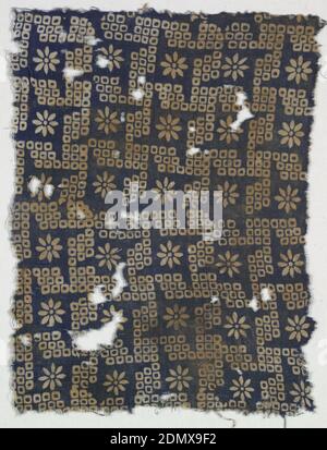 Textile, Medium: cotton Technique: resist-printed, Simple floral motif within a grid of S-shapes and rosettes. White design on blue ground., India, 15th–18th century, printed, dyed & painted textiles, Textile Stock Photo