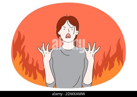 Anger, evil, furious woman concept. Young angry furious female cartoon character standing with fingers out and expressing rage and anger over burning Stock Vector