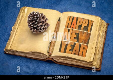 happy new year in vintage letterpress wood type in a retro journal with a frosty decorative pine cone, greeting card Stock Photo