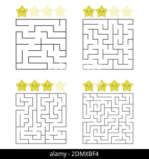 A set of square mazes. Four levels of difficulty. Cute stars. Game for kids. Puzzle for children. One entrances, one exit. Labyrinth conundrum. Flat v Stock Vector