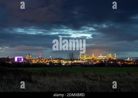 Panorama Dortmund with Inhouse, television tower Florianturm and Signal Iduna Park of the BVB 09 Stock Photo