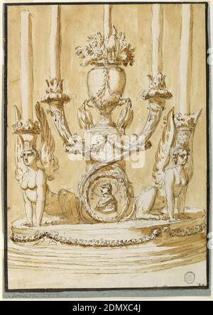 Candlestick, Pen and brown ink, brush and brown wash, graphite on off-white laid paper, lined, Vertical rectangle. Below is a circular base with three steps. Two sphinxes sit radially carrying a basket with flowers upon their heads from which a candle rises. In the center is a pedestal with a vase. In front of it is below a medallion with a bust portrait, above tow crossed horns which are supported by festoons. Each carries a candle. At the foot of teh vase are two birds supporting festoons. Another stands at the foot of the upper candle which rises from flowers. Framing dark brown stripe Stock Photo