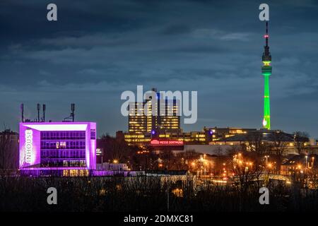 City panorama of Dortmund with Inhouse, Florian tower and Westfalenhalle Stock Photo