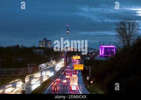 City panorama of Dortmund over motorway B1 with Florian tower, event hall Westfalenhalle and Inhouse in pink Stock Photo