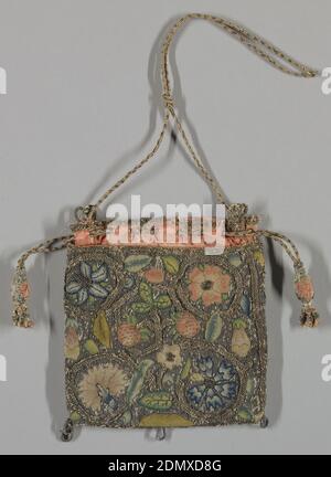 Bag, Medium: silk, metal-wrapped silk and coils of gilt foil on linen Technique: embroidered in half-cross, tent, couching and bouillon stitches using silk; brick and plaited braid stitches using metal-wrapped silk plus coils of gilt foil on plain weave, Design of coiling stems enclosing flowers and fruit. Plaited cord drawstring with tassels., England, 17th century, costume & accessories, Bag Stock Photo