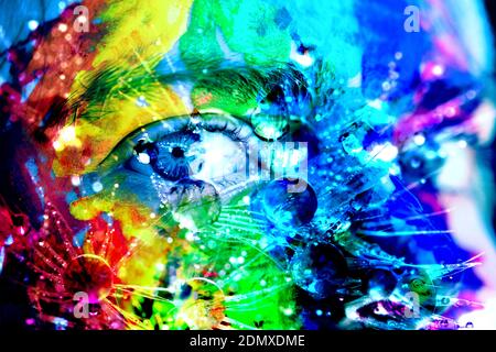 Colorful Abstract Art Background with Face and Raindrops
