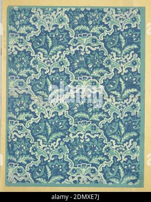 Sidewall, Block-printed paper, Printed thickly in blue and white on turquoise ground, small scale scrollwork and floral motifs in regular repeat, vaguely within diamond grid. Printed on small sheet with margins on all four sides., possibly France, 1800–1825, Wallcoverings, Sidewall Stock Photo