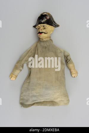 Puppet, Painted papier-mâché, woven cloth, Black hat with tricolor cockade and long black moustache. Blue cotton flannel shirt with white collar and cuffs., Germany, late 19th century, theater, Decorative Arts, Puppet Stock Photo