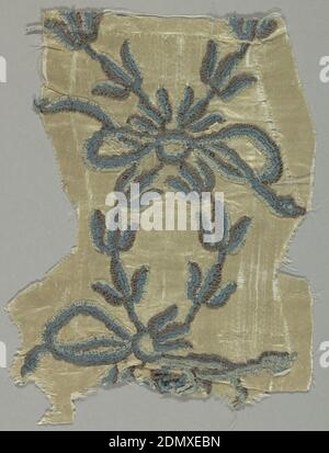 Textile, Medium: silk Technique: embroidered in couching stitch on satin weave, White satin with embroidery in three shades of blue chenille in a design of leaves and bowknots., France, Europe, 1750, embroidery & stitching, Textile Stock Photo