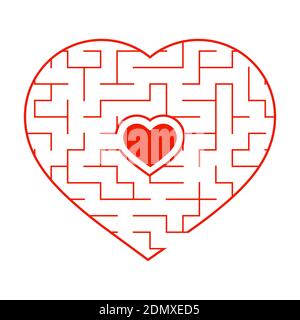 Red heart shaped labyrinth. Game for kids and adults. Puzzle for children. Labyrinth conundrum. Flat vector illustration isolated on white background. Stock Vector