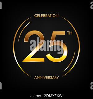 25th anniversary. Twenty-five years birthday celebration banner in bright golden color. Circular logo with elegant number design. Stock Vector