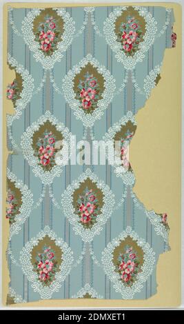 Sidewall, Machine-printed on paper, Staggered small clusters of flowers in white, yellow and pink, on light peach ground., USA, 1875–1900, Wallcoverings, Sidewall Stock Photo