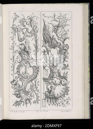 Two Upright Panels, Livre de Paneaux irréguliers (Book of Irregular Panels), François de Cuvilliés the Elder, Belgian, active Germany, 1695 - 1768, Carl Albert von Lespilliez, German, 1723 - 1796, François de Cuvilliés the Elder, Belgian, active Germany, 1695 - 1768, Engraving on paper, Two designs for upright panels in Rococo style. Left panel: scrollowork and vegetative ornamentation with a central cartouche. Within cartouche, an architectural ruin. Surrounding it, a satyr and male figure. Right panel: within central cartouche, a landscape scene with a lion's mask below. At bottom, a putto Stock Photo