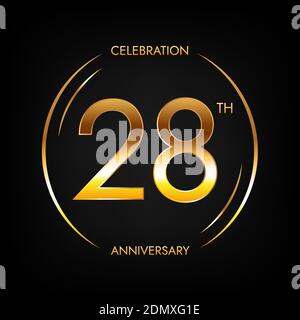 28th anniversary. Twenty-eight years birthday celebration banner in bright golden color. Circular logo with elegant number design. Stock Vector