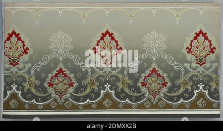 Frieze, Machine-printed paper, Alternating high and low floral medallions connected by scrolls. Secondary pattern of scrolling medallions. Top has scrolls/scallops with beading. Bottom has a scrolling scallop design, beading and flowers. Ground shades from dark blue-grey to light grey. Printed in red, greys, greens, whites, browns, and metallic silver., USA, 1905–1915, Wallcoverings, Frieze Stock Photo