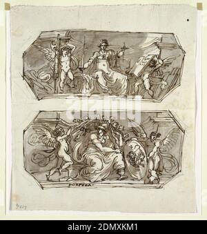 Justice and Strength, in Two Octagons, Felice Giani, Italian, 1758–1823, Pen and dark brown ink, brush and greyish-brown wash over traces of graphite on textured laid paper, Top: woman, with civic crown shown holding sword and pair of scales, seated in apse, flanked by two putti; left one holds fasces, right one holds opened book, inscription below in brown ink: GIUSTI. Bottom: woman with helmet and seated in apse holds tree trunk, while seated and kneeling putto helps lower tree. Another putto, standing at right, holds shield showing representation of victorious lion over steer. Stock Photo