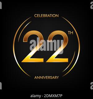 22th anniversary. Twenty-two years birthday celebration banner in bright golden color. Circular logo with elegant number design. Stock Vector