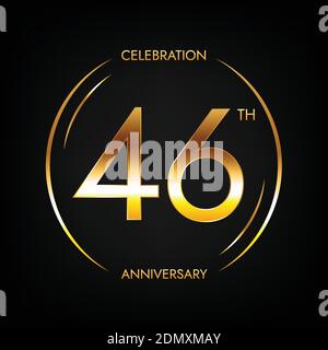 46th anniversary. Forty-six years birthday celebration banner in bright golden color. Circular logo with elegant number design. Stock Vector