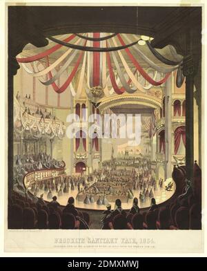 Interior View of the Academy of Music as Seen from Dress Circle, Lithograph on paper, Vertical format. Exhibition tables in the parquet, and what appears to be a fashion show on the stage. Ceiling of the theater decorated with long draped ribbons. Below: 'Brooklyn Sanitary Fair, 1864 / Interior View of the Academy of Music, as Seen from the Dress Circle'. (Plate from 'History of the Brooklyn and Long Island Fair, February 22, 1864, p. 32.), Brooklyn, New York, USA, 1864, architecture, interiors, Print Stock Photo