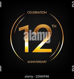 12th anniversary. Twelve years birthday celebration banner in bright golden color. Circular logo with elegant number design. Stock Vector