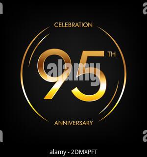 95th anniversary. Ninety-five years birthday celebration banner in bright golden color. Circular logo with elegant number design. Stock Vector
