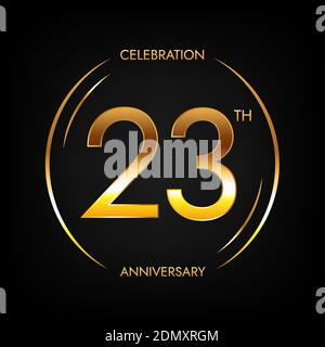 23th anniversary. Twenty-three years birthday celebration banner in bright golden color. Circular logo with elegant number design. Stock Vector