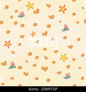 Marine seamless pattern stars and seashells on a beige background Stock Vector
