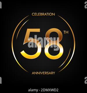 58th anniversary. Fifty-eight years birthday celebration banner in bright golden color. Circular logo with elegant number design. Stock Vector