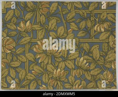 Sidewall, Block-printed on continuous paper, Trellis in shades of metallic gold outlined in black with blossoms in metallic copper and gold, outlined in black., USA, 1875–85, Wallcoverings, Sidewall Stock Photo