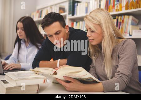 Group of college friends reading books at campus library, preparing for exams together. University students working on a project, reading and discussi Stock Photo