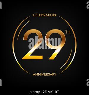 29th anniversary. Twenty-nine years birthday celebration banner in bright golden color. Circular logo with elegant number design. Stock Vector