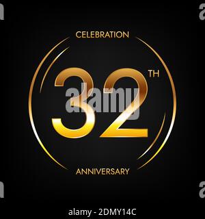 32th anniversary. Thirty-two years birthday celebration banner in bright golden color. Circular logo with elegant number design. Stock Vector