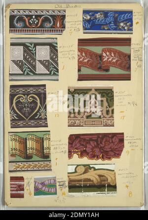 Border, Block-printed and flocked, Eleven border samples mounted on board, including ribbons, three-dimensional effects, fancy gimp and floral motifs., France, 1820–50, Wallcoverings, Border Stock Photo