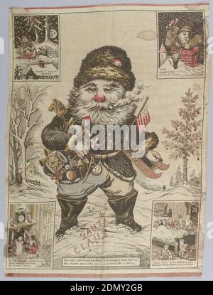 Santa Claus, Oriental Printworks, Medium: cotton Technique: roller printed on plain weave, Figure of Santa Claus in the center with four inset pictures; upper left; 'Santa Claus is coming' with figure in a sled; upper right, 'With compliments of Santa Claus' with figure of Santa putting a box down a chimney; lower left, 'All the stockings in the house, Were hung to be filled by Santa Claus' with children hanging stocking on a mantle; lower right, ''Santa Claus gave all these toys Because we were good girls and boys' with children playing with toys., Apponaug, Rhode Island, USA Stock Photo